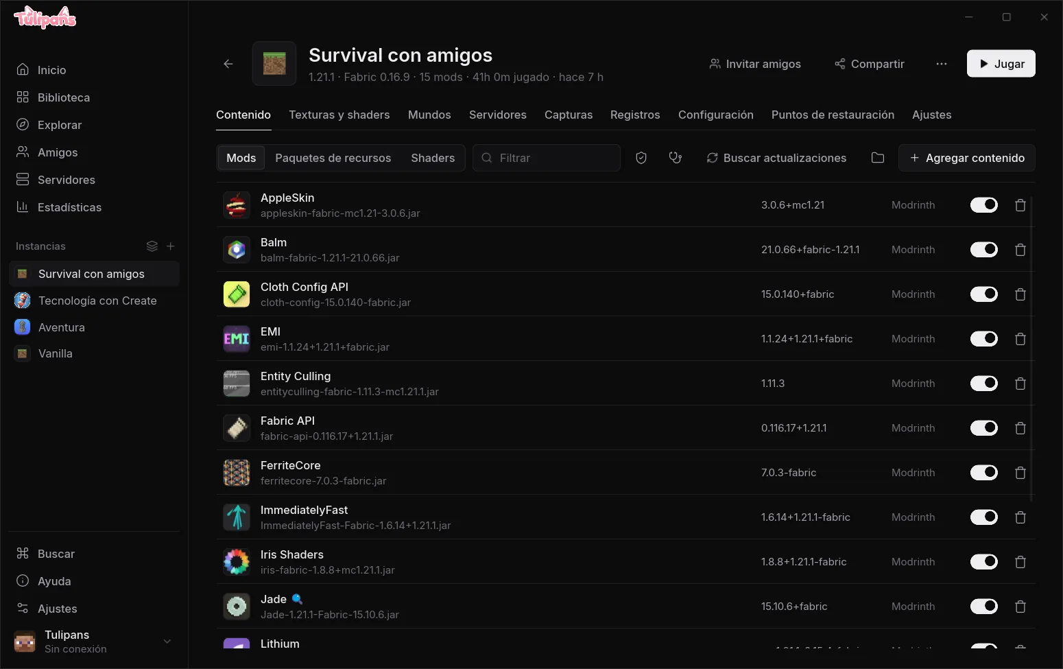 Contenido de un perfil con sus mods