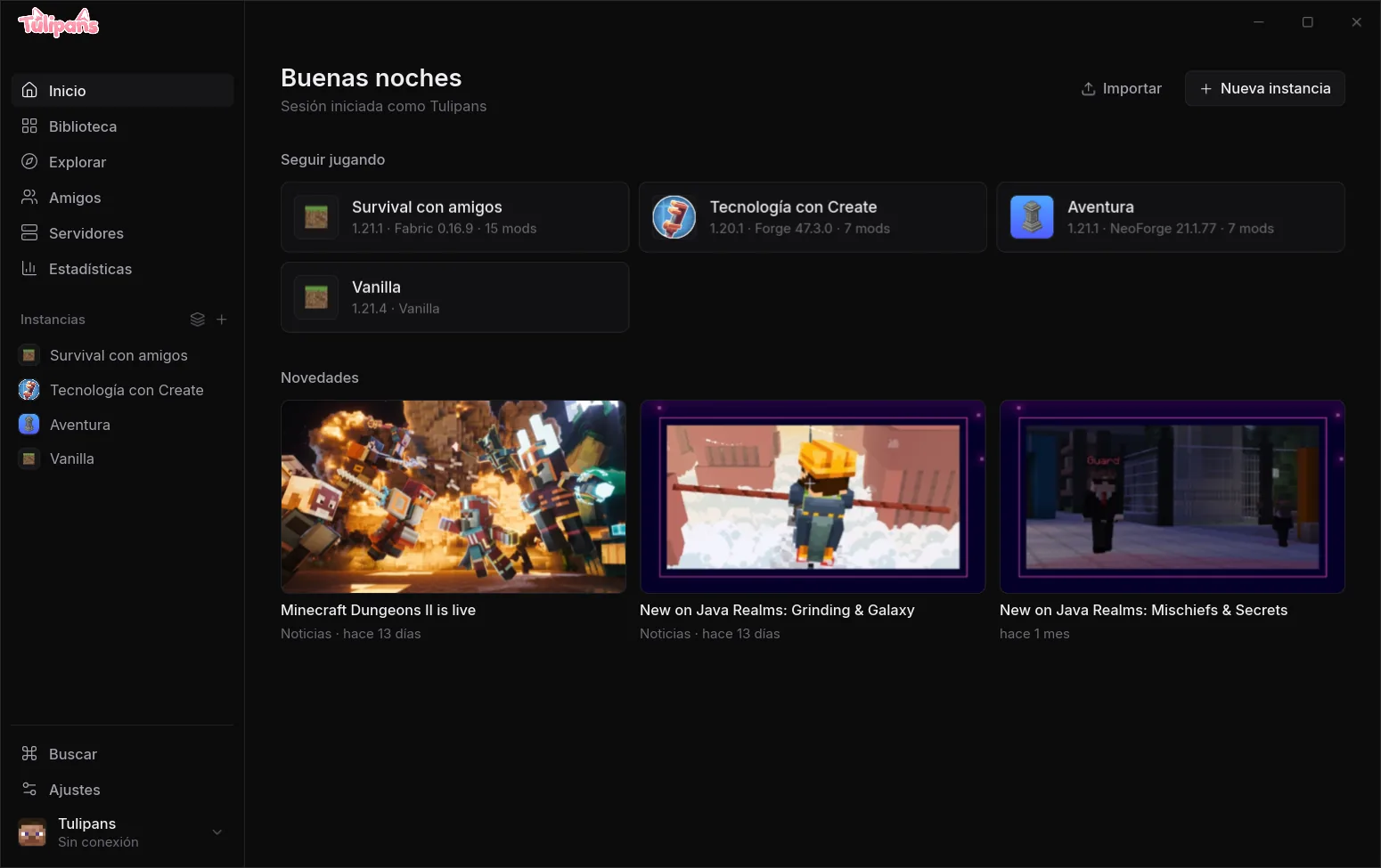 Inicio de Tulipans Launcher con perfiles y novedades